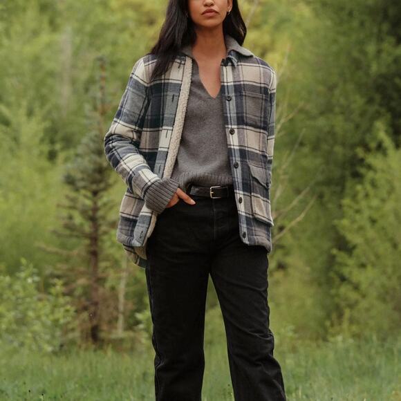 Jenni Kayne Shearling Lined Farmhouse Navy Plaid Jacket M NEW Wool Tan Coat - Picture 1 of 7